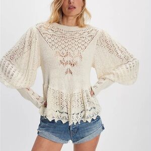 Free People Lucinda Sweater XS NWT Ivory Crochet Knit Peplum